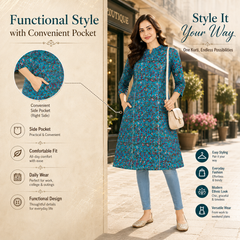 Women's Sky Blue Floral Print Cotton A-Line Kurta