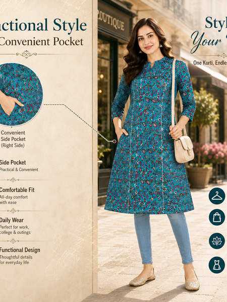 Women's Sky Blue Floral Print Cotton A-Line Kurta