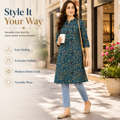 Women's Blue Bird Print Cotton A-Line Kurta
