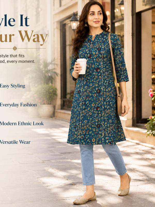 Women's Blue Bird Print Cotton A-Line Kurta