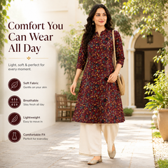 Women's Red Bird Print Cotton A-Line Kurta