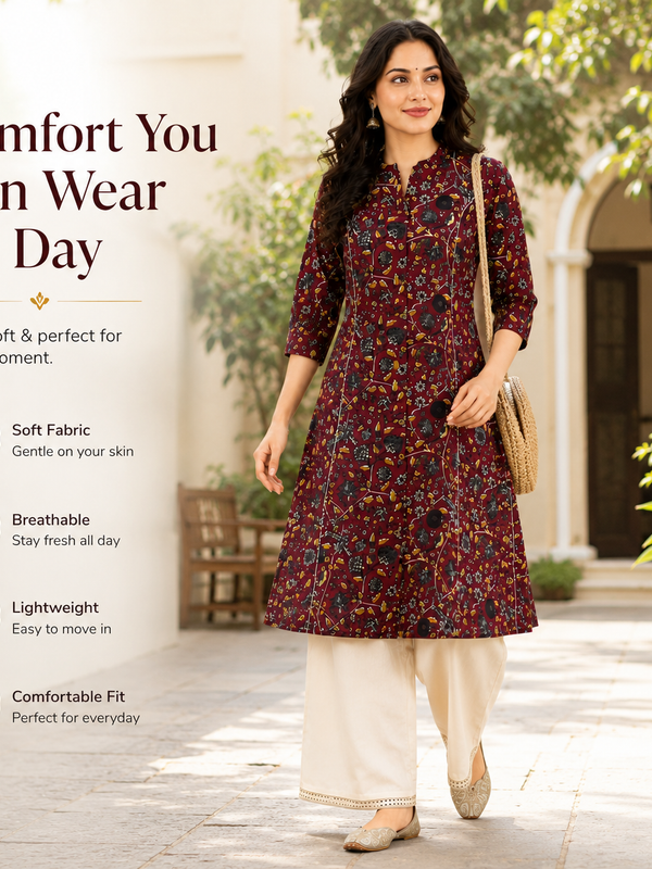 Women's Red Bird Print Cotton A-Line Kurta