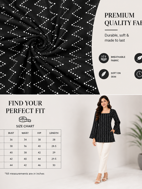 Black Bandhani Print Square Neck Short Kurti for Women