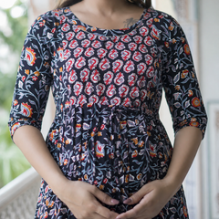 Women's Cotton Black Floral Maternity Feeding Dress with Zipper