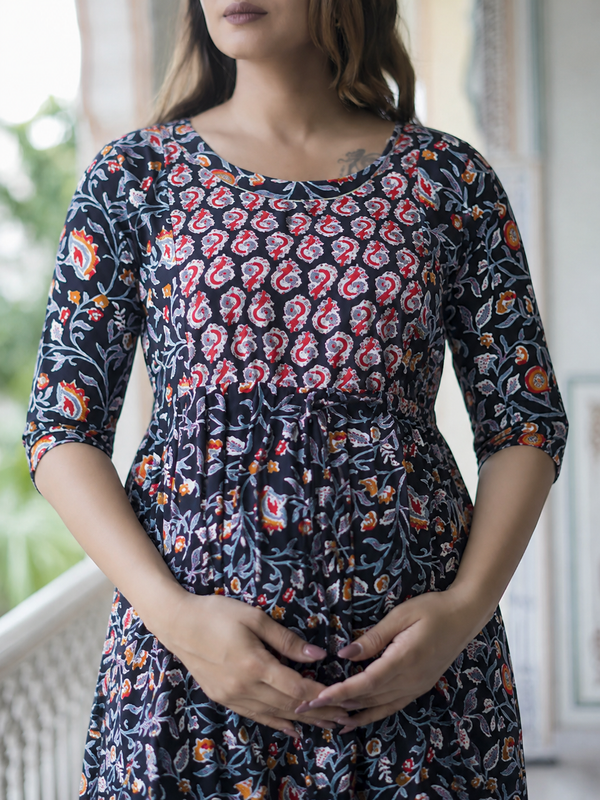 Women's Cotton Black Floral Maternity Feeding Dress with Zipper