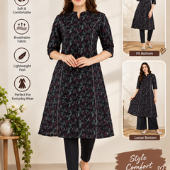 Women's Blue & Gold Floral Print Cotton A-Line Kurta