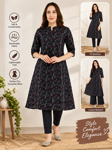 Women's Blue & Gold Floral Print Cotton A-Line Kurta