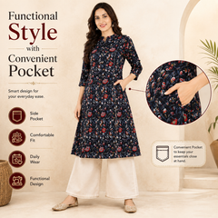 Women's Black Floral Print Cotton A-Line Kurta