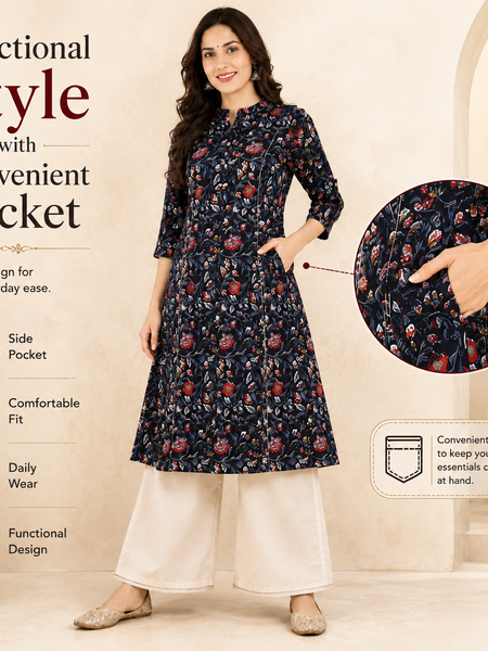 Women's Black Floral Print Cotton A-Line Kurta