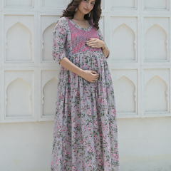 Women's Cotton Grey Floral Maternity Feeding Dress with Zipper