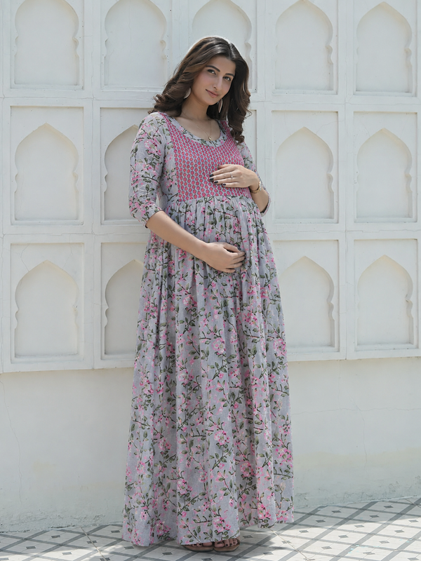 Women's Cotton Grey Floral Maternity Feeding Dress with Zipper