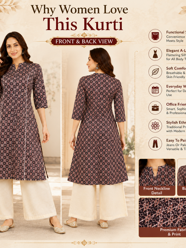 Women's Coffee Floral Print Cotton A-Line Kurta
