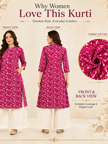 Women's Pink Floral Print Cotton A-Line Kurta