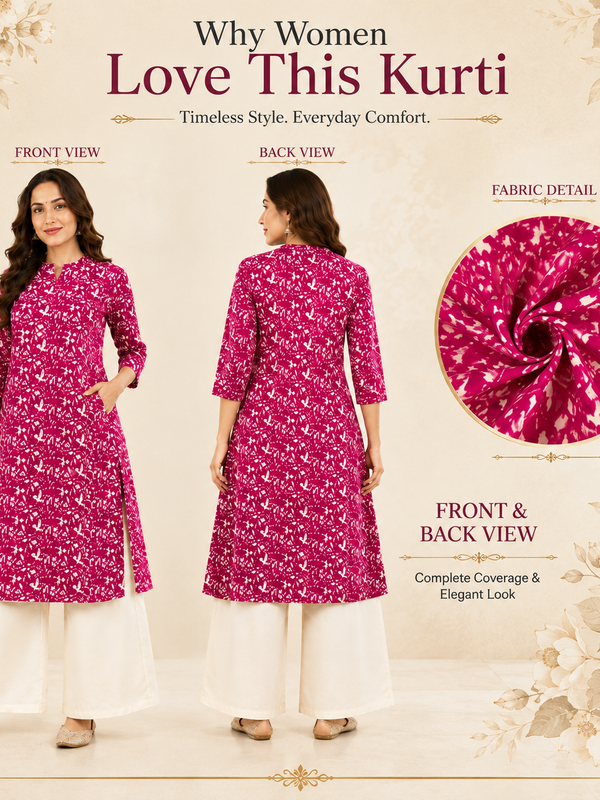 Women's Pink Floral Print Cotton A-Line Kurta