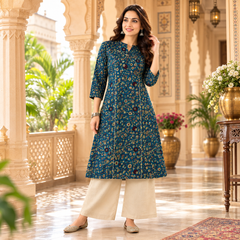 Women's Blue Bird Print Cotton A-Line Kurta