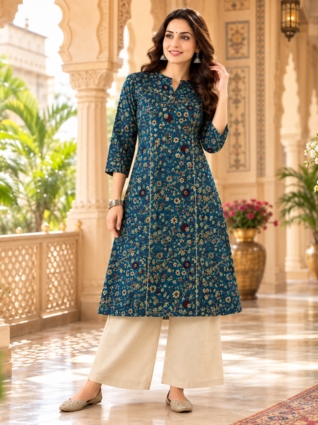 Women's Blue Bird Print Cotton A-Line Kurta