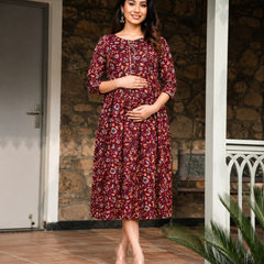 Women's Red Cotton Floral Maternity Feeding Dress with Zipper
