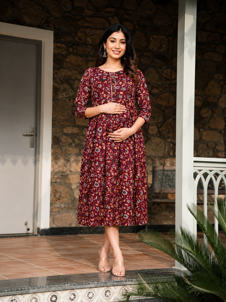 Women's Red Cotton Floral Maternity Feeding Dress with Zipper