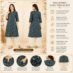 Women's Blue Bird Print Cotton A-Line Kurta