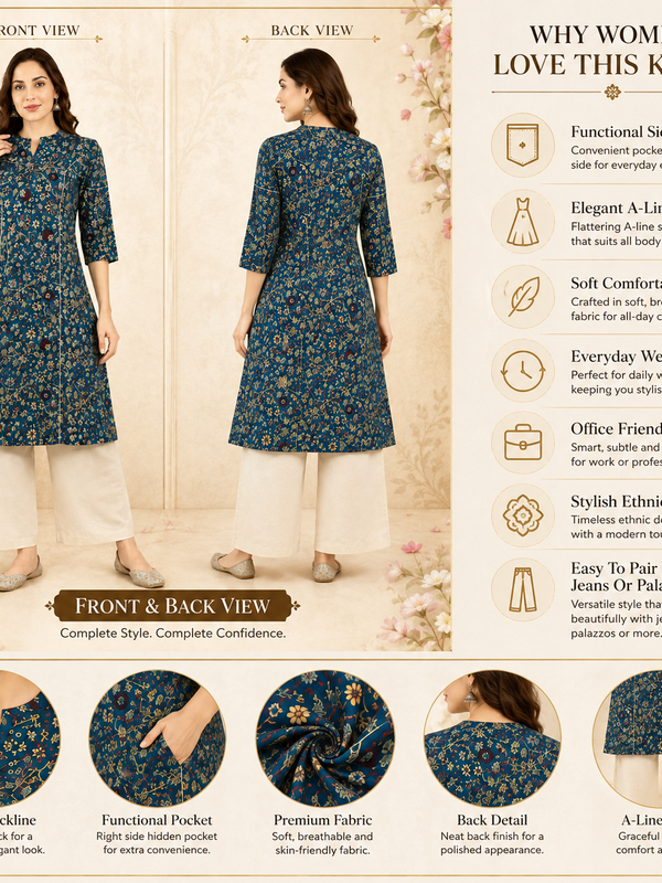 Women's Blue Bird Print Cotton A-Line Kurta