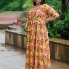 Women's Cotton Orange Floral Maternity Feeding Dress with Zipper
