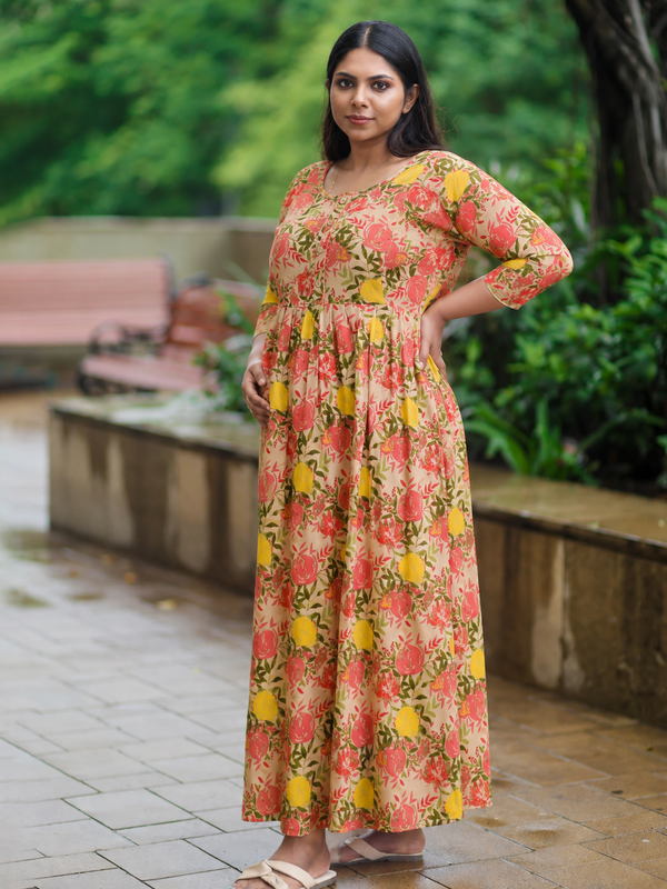 Women's Cotton Orange Floral Maternity Feeding Dress with Zipper