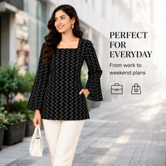 Black Bandhani Print Square Neck Short Kurti for Women