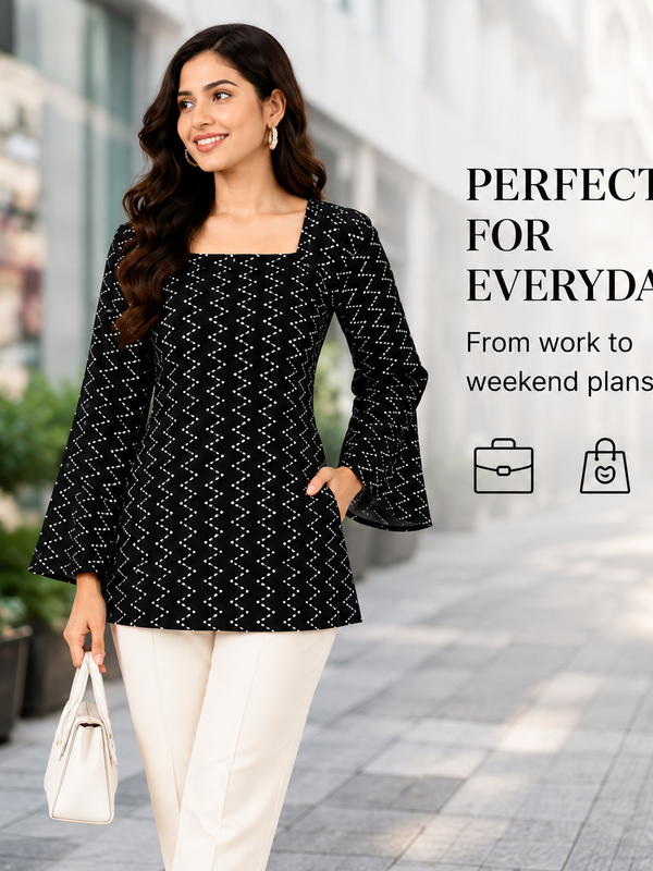 Black Bandhani Print Square Neck Short Kurti for Women