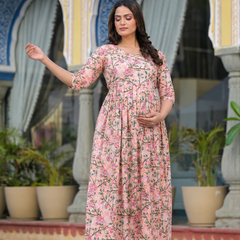Women's Cotton Peach Floral Maternity Feeding Dress with Zipper