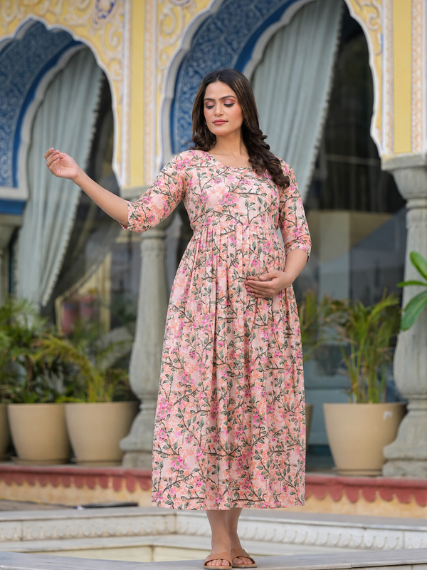 Women's Cotton Peach Floral Maternity Feeding Dress with Zipper