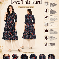 Women's Black Floral Print Cotton A-Line Kurta