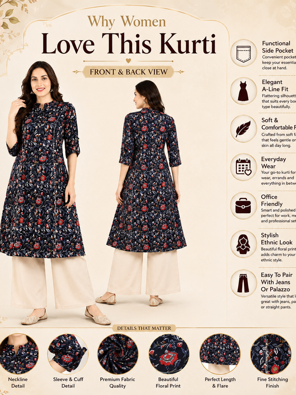 Women's Black Floral Print Cotton A-Line Kurta
