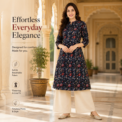Women's Black Floral Print Cotton A-Line Kurta
