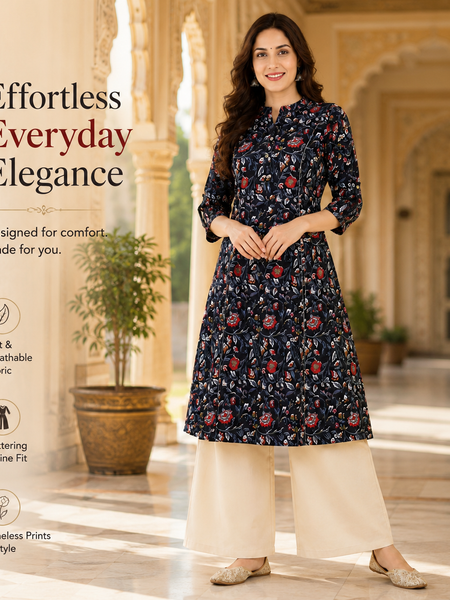 Women's Black Floral Print Cotton A-Line Kurta