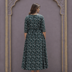 Women's Cotton Green Gold Floral Maternity Feeding Dress with Zipper