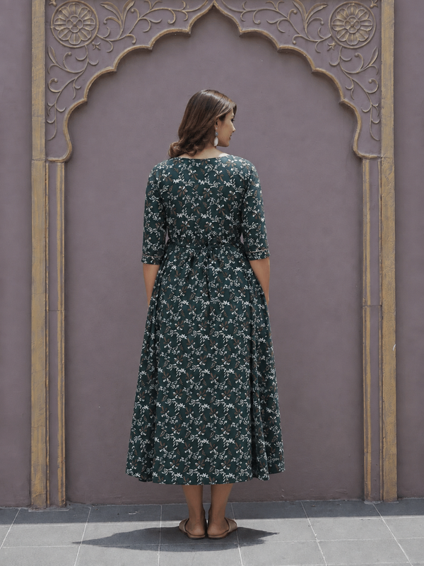 Women's Cotton Green Gold Floral Maternity Feeding Dress with Zipper