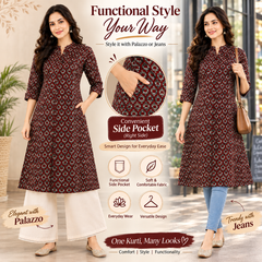 Women's Maroon Floral Print Cotton A-Line Kurta