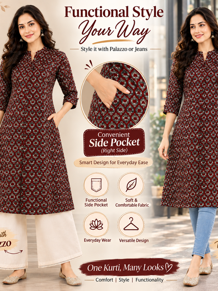 Women's Maroon Floral Print Cotton A-Line Kurta