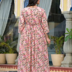 Women's Cotton Peach Floral Maternity Feeding Dress with Zipper