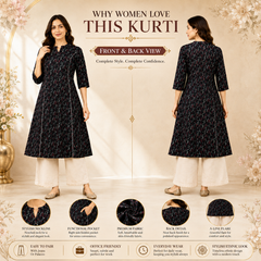 Women's Blue & Gold Floral Print Cotton A-Line Kurta