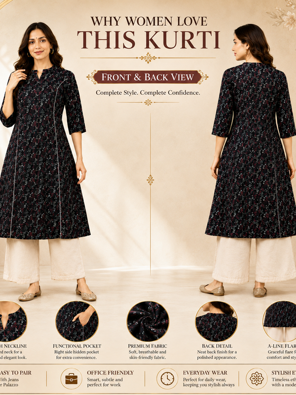 Women's Blue & Gold Floral Print Cotton A-Line Kurta