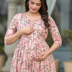 Women's Cotton Peach Floral Maternity Feeding Dress with Zipper