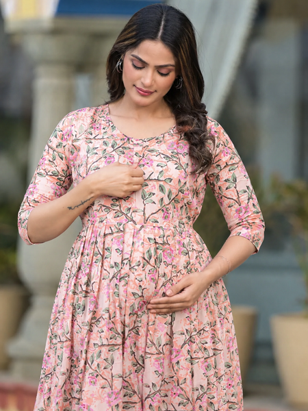 Women's Cotton Peach Floral Maternity Feeding Dress with Zipper