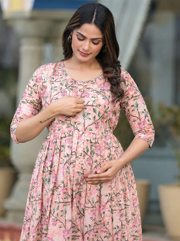 Women's Cotton Peach Floral Maternity Feeding Dress with Zipper
