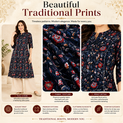 Women's Black Floral Print Cotton A-Line Kurta