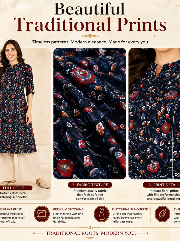 Women's Black Floral Print Cotton A-Line Kurta