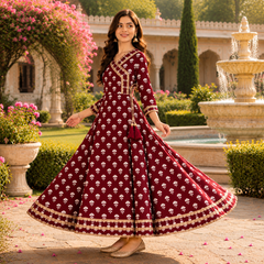 Maroon Floral Printed Anarkali Kurta with Border Detailing