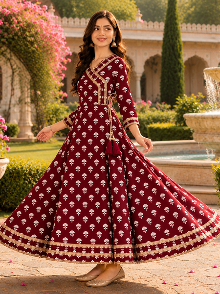 Maroon Floral Printed Anarkali Kurta with Border Detailing