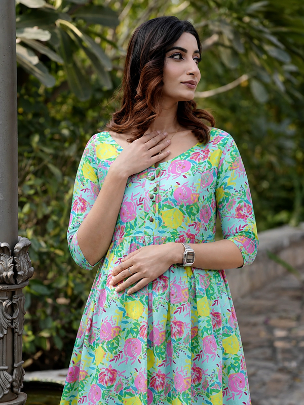 Women's Cotton Multicolor Floral Maternity Feeding Dress with Zipper