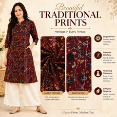 Women's Red Bird Print Cotton A-Line Kurta